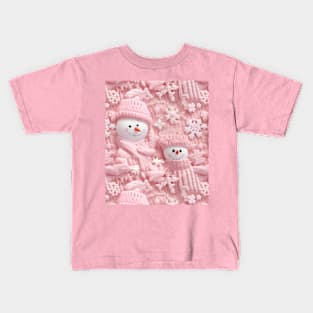 Funny Pink Snowmen Retro Chrismas Snowflakes Knitted Pattern Kids T-Shirt